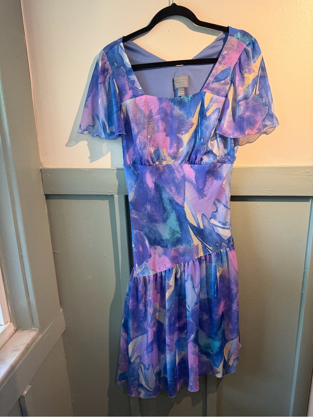 Rabbit Rabbit Rabbit Lavender and Blue Abstract Flutter Sleeve Dress - Picture 1 of 7